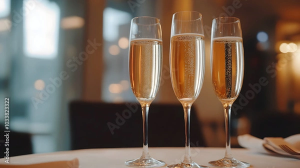 Fototapeta Glasses of champagne standing on a table with a white tablecloth in a room decorated for a festive corporate party.