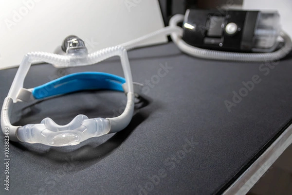 Fototapeta CPAP mask with nose mask or nose mask headgear cpap machine against obstructive sleep apnea helps patients as respirator mask headgear clip for breathing therapy snoring sleep disorder better sleeping