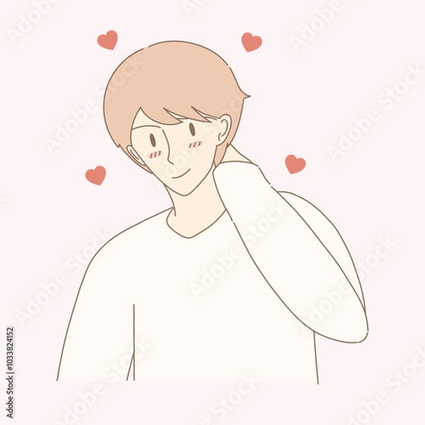 Obraz Shy man falling in love. Cheeks turning red. Heart shape behind. Hand drawn flat cartoon character vector illustration. 