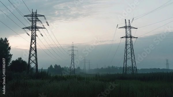 Obraz Power Lines in Misty Field