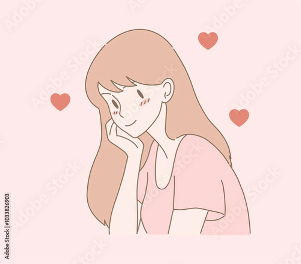 Obraz Shy woman falling in love. Cheeks turning red. Heart shape behind.  Hand drawn flat cartoon character vector illustration. 
