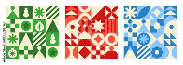 Fototapeta Geometric set monochrome seamless patterns. Trendy abstract swiss background. Red, blue and green colors. Vector illustration	