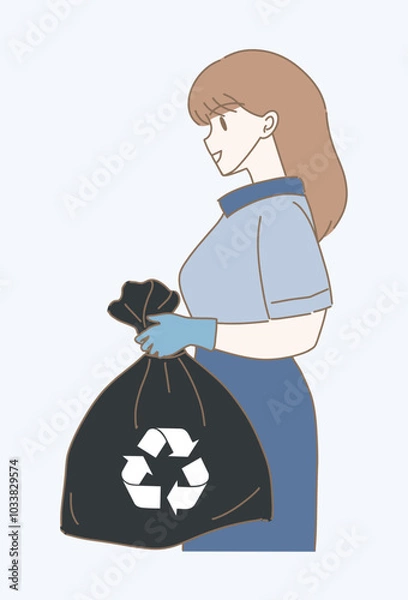 Obraz Woman holding trash bag. Volunteer carrying garbage bag. Recycle icon isolated. Hand drawn flat cartoon character vector illustration.