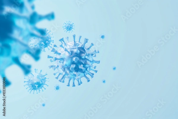 Obraz Blue Covid, respiratory virus molecules, on a blue background, in the air. Banner 3d seasonal flu, rotavirus, pandemic and epidemic formation, advertising and news copyspace