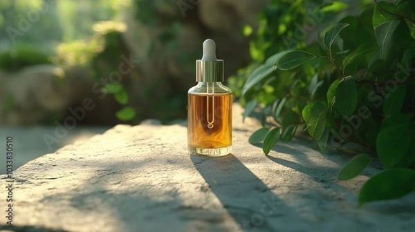 Fototapeta Botanical Serum Dropper Bottle on Stone with Greenery
