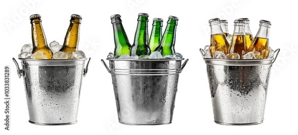 Obraz Set of beer bottles in a ice buckets isolated on transparent background. Generative AI