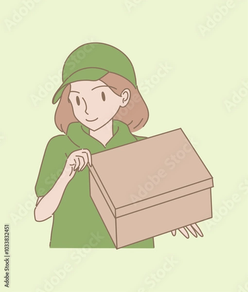 Obraz Delivery worker wearing cap,  holding cardboard. Delivery service worker lifting box. Hand drawn flat cartoon character vector illustration. 