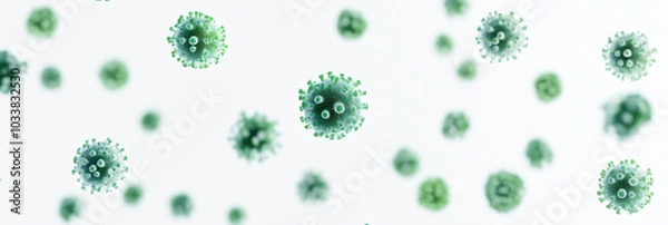 Obraz Green Covid, respiratory virus molecules, on a white background, in the air. Banner template 3d seasonal flu, rotavirus, pandemic and epidemic formation, advertising and news