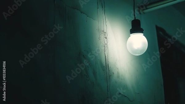 Fototapeta Dark empty room with single flickering light bulb casting long shadows, emphasizing absence of power and eerie atmosphere, minimalist setting with focus on light bulb's glow.