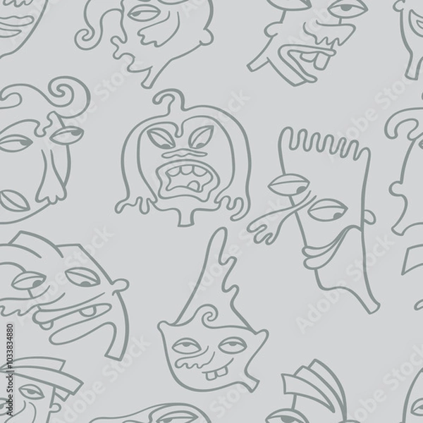 Fototapeta Seamless background with funny faces of anthropomorphic creatures. Humorous characters with different emotion