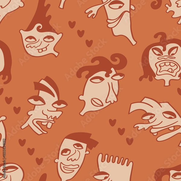 Fototapeta Seamless background with funny faces of anthropomorphic creatures. Humorous characters with different emotion