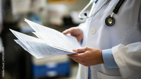 Fototapeta Nurse in white coat Checking paperwork