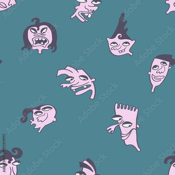 Fototapeta Seamless background with funny faces of anthropomorphic creatures. Humorous characters with different emotion