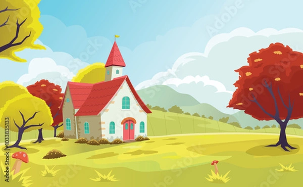 Obraz Cozy Cottage School in a Sunny Meadow Vector