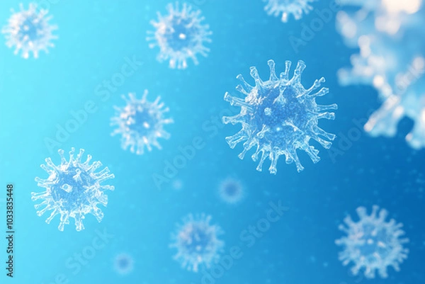 Obraz Covid, respiratory virus molecules, on a blue background, in the air. Banner template 3d seasonal flu, rotavirus, pandemic and epidemic formation, advertising and news