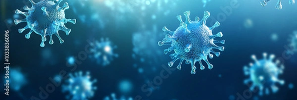 Obraz Covid, respiratory virus molecules, on a blue background, in the air. Banner template 3d seasonal flu, rotavirus, pandemic and epidemic formation, advertising and news