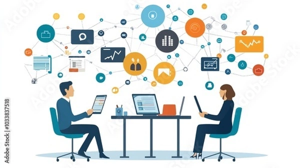 Obraz Project management teamwork, two persons discussing product reviews, network links, stock market background, flat design illustration
