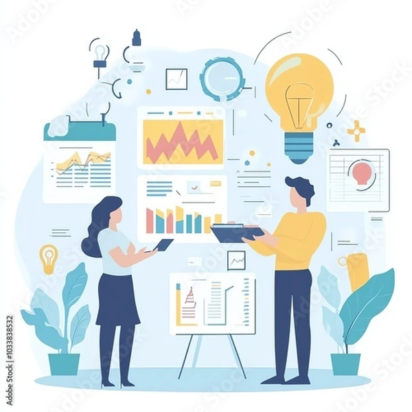 Obraz Two individuals managing a project, product reviews and network analysis, stock market focus, flat design illustration