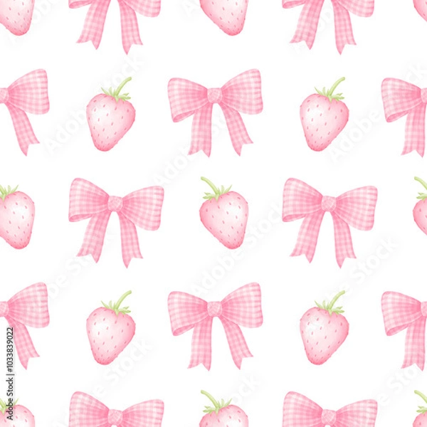 Fototapeta Pink bows and strawberries. Watercolor seamless pattern on white background in pastel colors for textiles and wrapping paper. Cute children's illustration