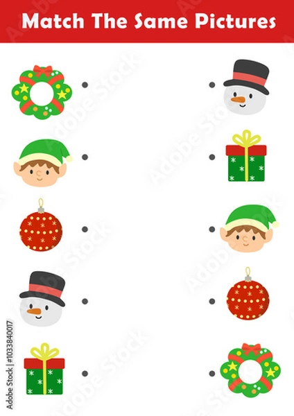 Fototapeta Christmas activity sheet. Find same picture worksheet for kids. Worksheet for kids kindergarten, preschool and school age. Education game for children with cute christmas illustration.