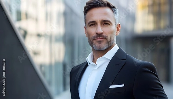 Fototapeta A confident man in a black suit and white shirt, looking directly at the camera