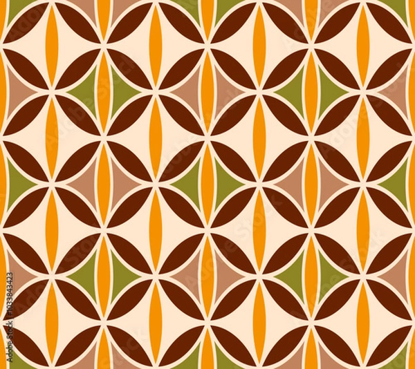 Fototapeta Retro midcentury circles petals geometrics brown Vector Pattern. Bohemian round geometrics in brown orange optical seamless pattern.