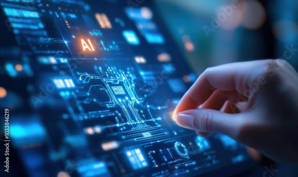 Fototapeta Artificial Intelligence Interface Close-Up with Hand Interaction