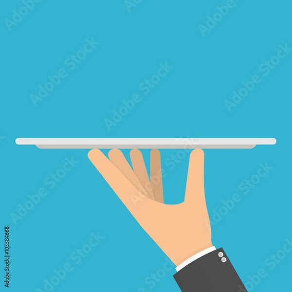 Obraz Hand holding or carrying empty silver serving platter. Flat design