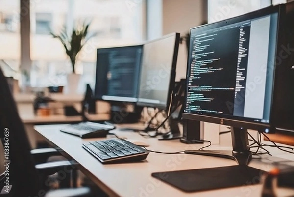 Fototapeta Modern Workspace with Computer Code on Screen