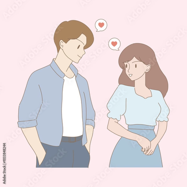 Obraz Couple talking with love. Boyfriend and girlfriend looking at each other. Falling in love. Heart shape in speech bubble behind. Hand drawn flat cartoon character vector illustration. 