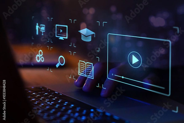 Fototapeta webinar or video tutorial online, education on internet, e-learning concept