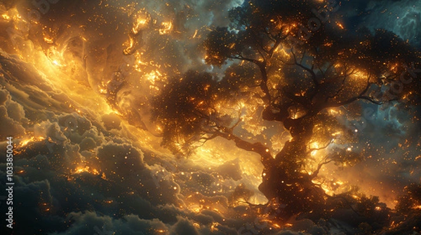 Fototapeta Celestial Tree of Life Radiating Golden Light in Cosmic Clouds