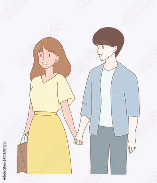 Obraz Happy couple holding hands, walking together with shopping bag. Hand drawn flat cartoon character vector illustration. 