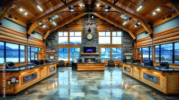 Fototapeta Inside view of a modern wooden architecture building featuring a spacious interior with high ceilings and large windows showcasing scenic outdoor views