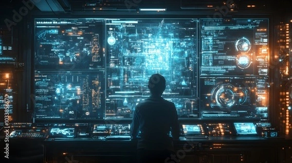 Fototapeta Futuristic Digital Interface with Holographic Data Visualization and Technological Display in Modern Intelligent Workspace