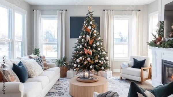 Fototapeta Cozy Christmas Living Room with Decorated Tree