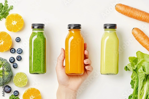 Obraz Hand holding bottles of fresh smoothies and juices against ripe fruits and vegetables on white background. Concept poster for nutrition, diet and detox advertising. Eco-friendly products, mockup