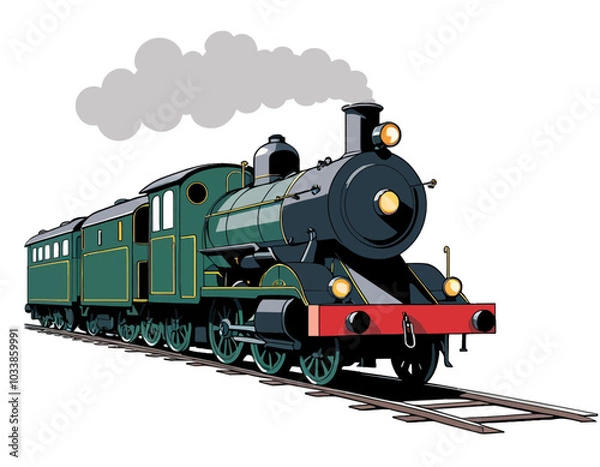 Fototapeta steam locomotive on a railway, isolated on a white background