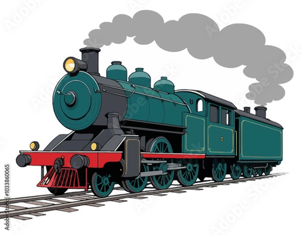 Fototapeta steam locomotive on a railway, isolated on a white background