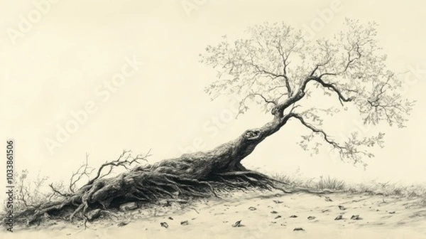 Fototapeta A great fallen tree from the book of Zephaniah lies across a wilderness path blocking the way and scattering leaves creating a symbolic obstacle and disruption to travelers  journeys