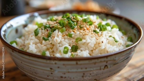 Fototapeta Closeup of a savory steamed rice bowl garnished with fresh green scallions or green onions served in a rustic ceramic dish on a wooden dining table  This simple