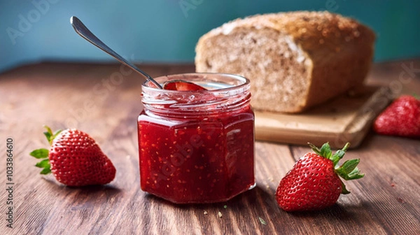 Fototapeta red jam and bread on a table. breakfast.