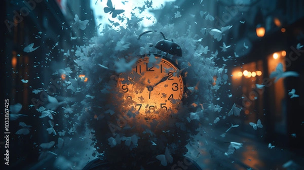 Fototapeta Alarm Clock Head Exploding into White Butterflies Symbolizing Time Dispersion