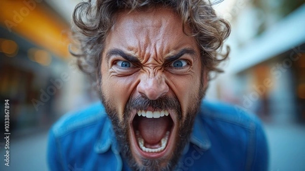 Obraz A man with a beard and blue shirt is screaming