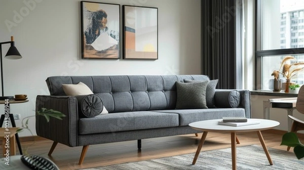 Fototapeta Gray sofa bed with wooden legs and black frame in a Nordic-style living room, featuring a white tabletop coffee table and surrounding furniture.