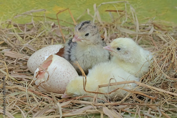 Fototapeta A number of baby turkeys have just hatched from their eggs in the nest. This animal is commonly cultivated by humans with the scientific name Meleagris gallopavo.