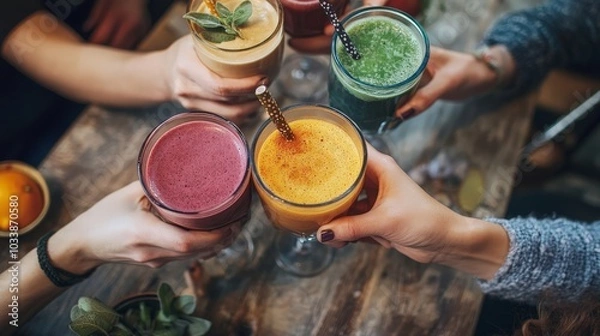 Fototapeta A dynamic shot of a group of friends sharing adaptogenic smoothies at a health discussing wellness routines
