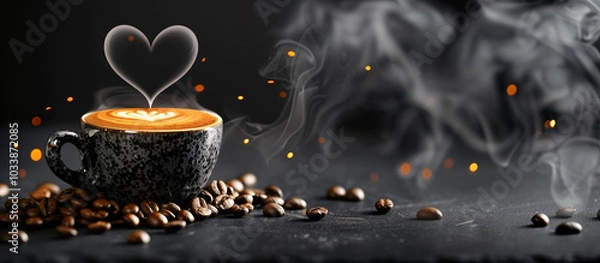 Fototapeta Hot Black Coffee Cup with Heart-Shaped Steam and Coffee Beans - Coffee Lover's Delight