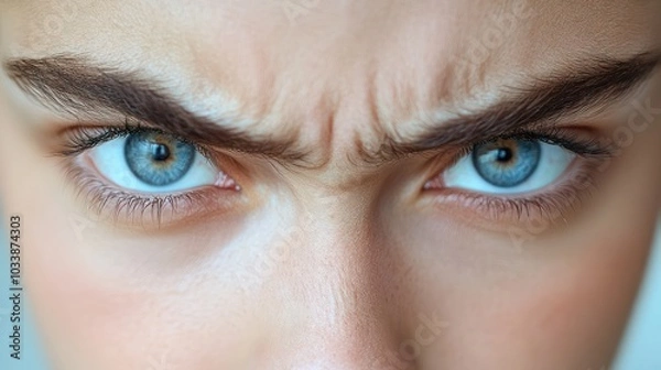 Fototapeta A woman with blue eyes and a furrowed brow