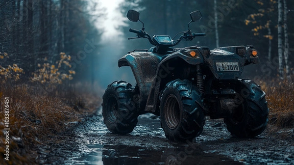 Fototapeta Muddy all-terrain vehicle navigating a misty forest trail on a cool autumn day